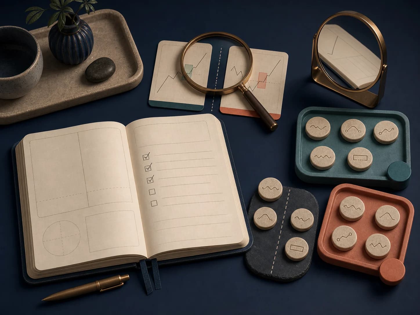 An illustrated review journal with checklists, comparison cards, and reflection tools